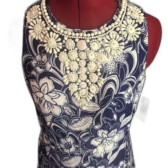 Boston Proper Blue & White Floral Sheath Dress Women Size 2 Beaded Neckline NWT - Picture 6 of 12